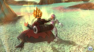 Son Goku als Super Sayajin im Naruto Uzumaki Kostüm vs. Frezer.